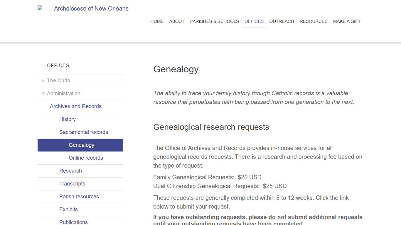 Genealogy - Archdiocese of New Orleans - New Orleans, LA